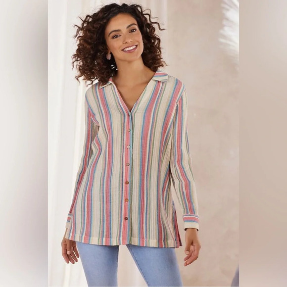 Soft Surroundings Senna Gauze Button Shirt Womens Medium Striped Coastal Top - Picture 1 of 6